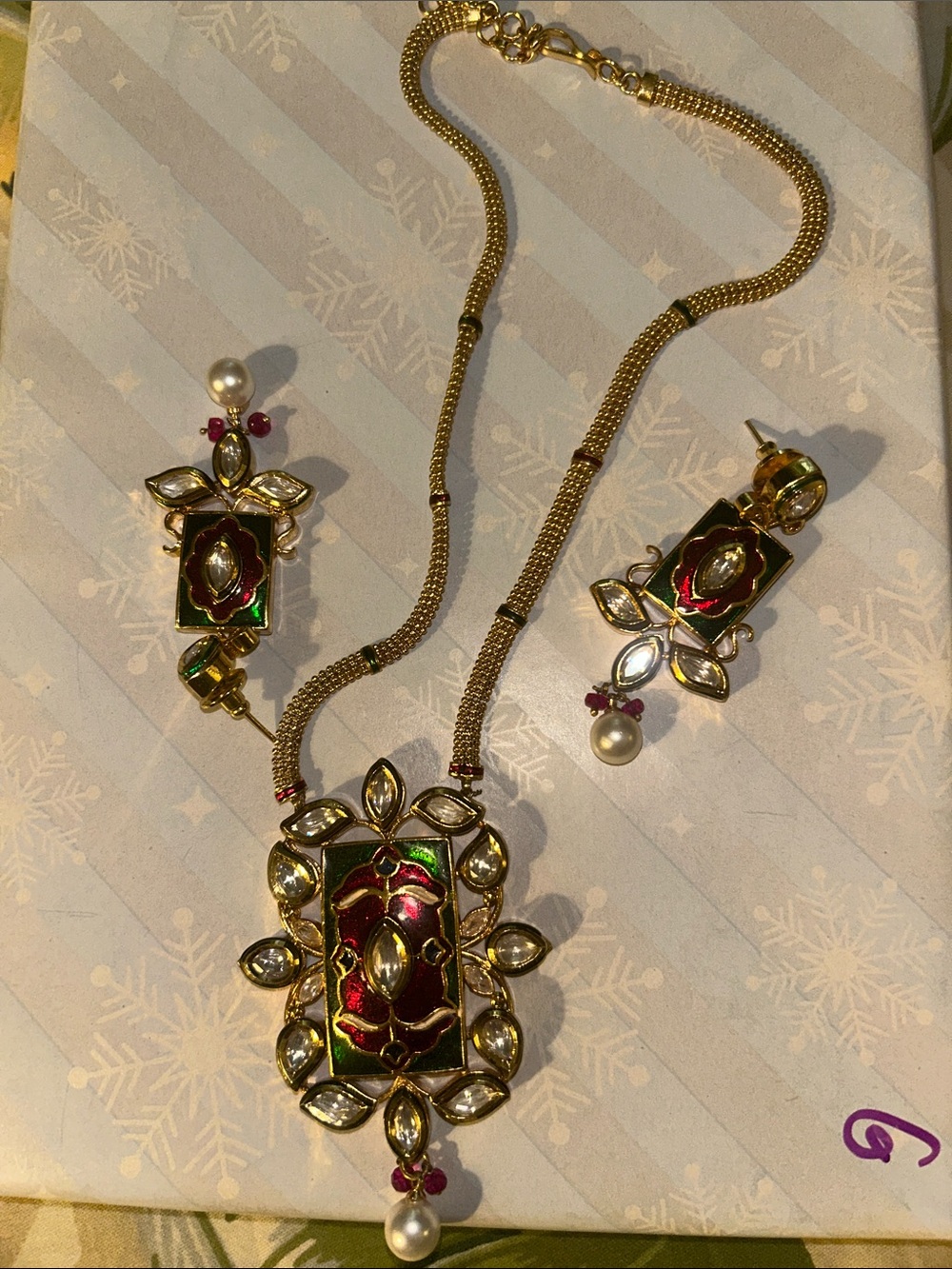 Gold-Tone Floral Pendant Necklace and Earring Set in Red and Green